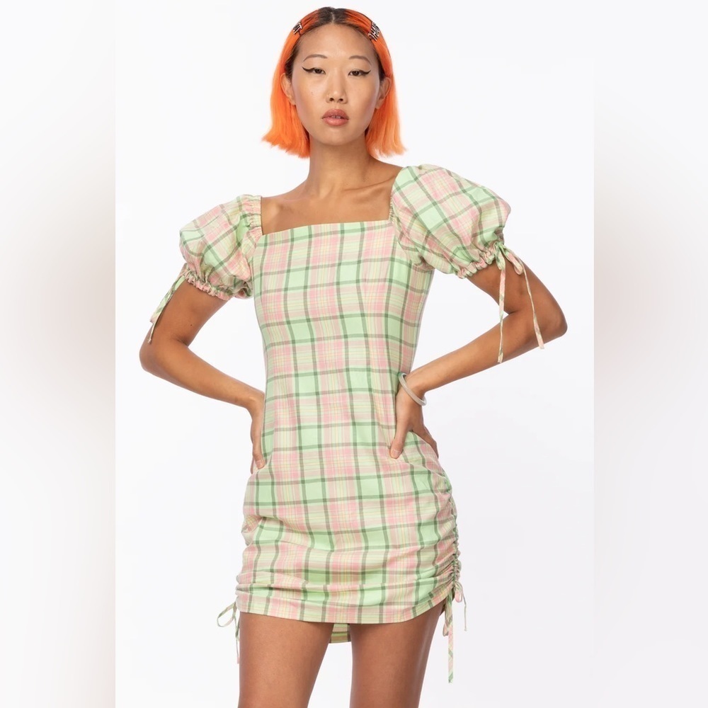 NWT Ragged Priest Memory Cotton Mini Dress Greenโ Pink Plaid XS